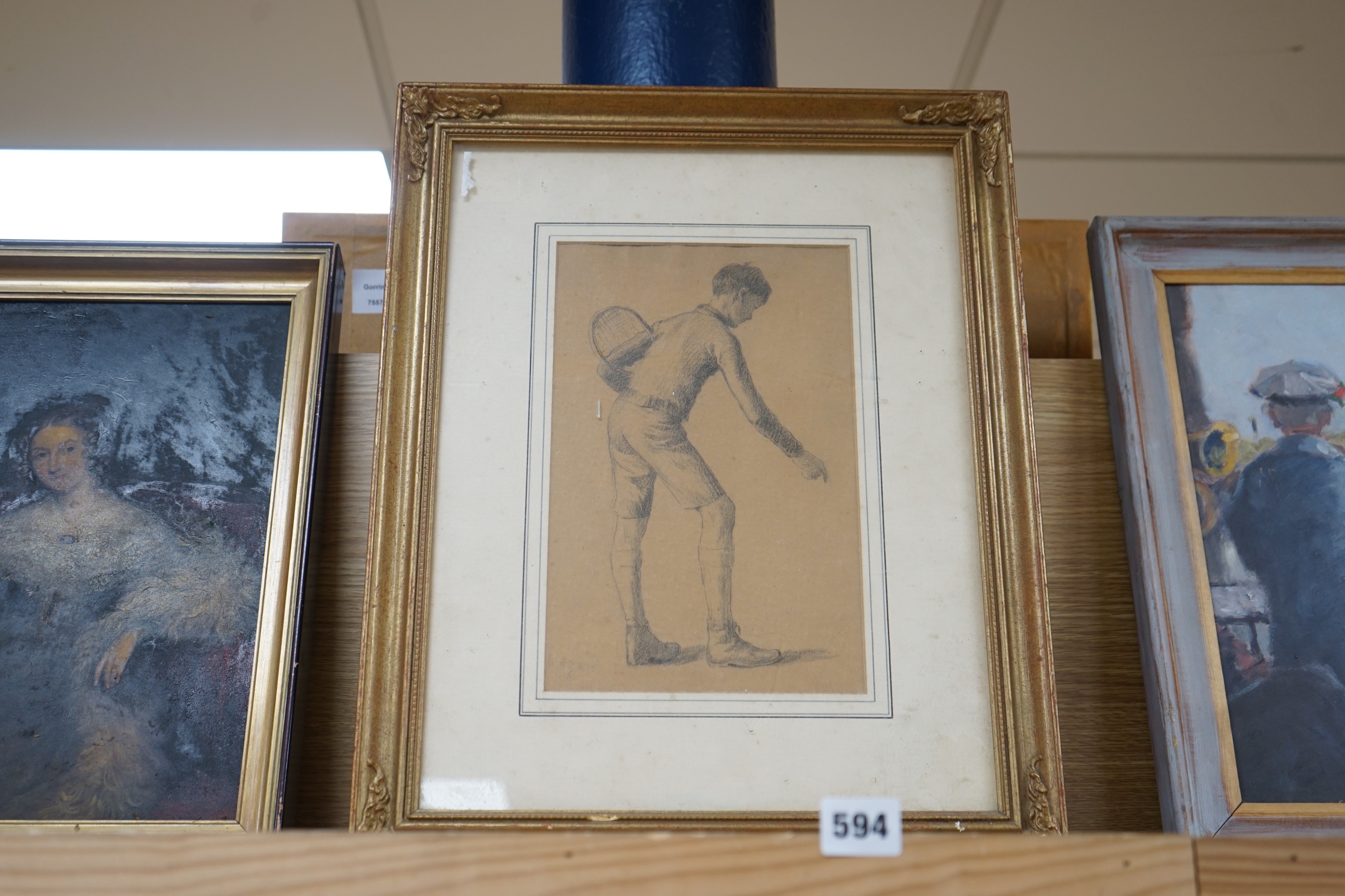 Charles Jean Agard (1866-1950), pencil on paper, Sketch of a boy tennis player, signed, 28 x 17cm